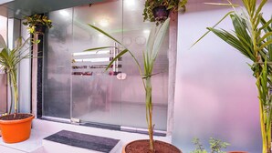 A potted plant arrangement on a balcony with a metal railing and a window with horizontal blinds. - Fabexpress Raj Palace (Mumbai)