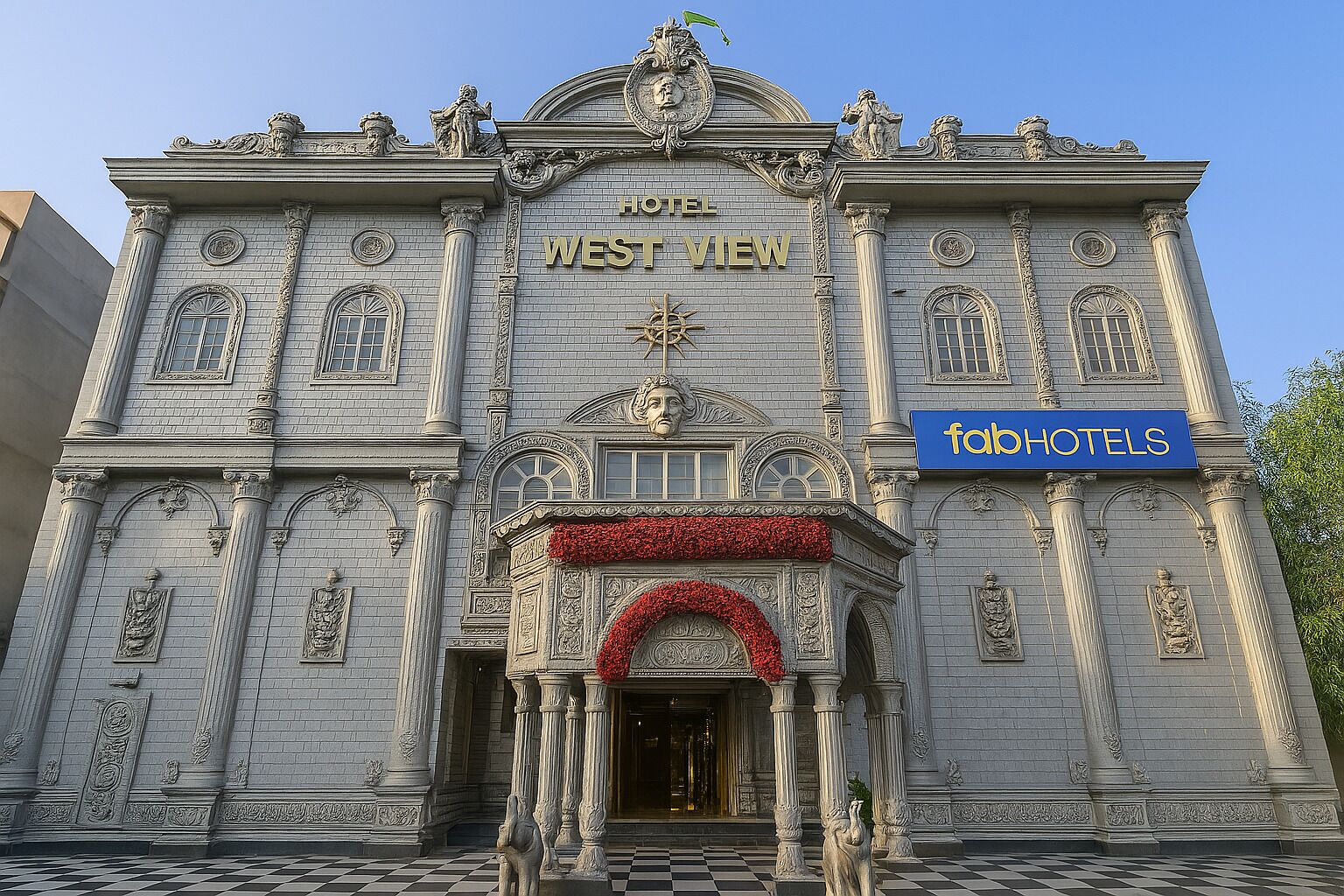 A historic building with ornate architecture, a prominent entrance, and a sign for 'Hotel West View'.