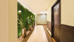 Un pasillo con pared verde, plantas en macetas y una puerta de madera.