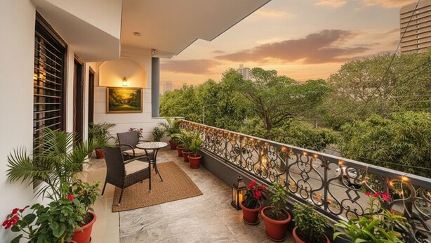 A balcony with a table and chairs, potted plants, and a railing with lights. - Fabhotel Silver Stone (Noida)