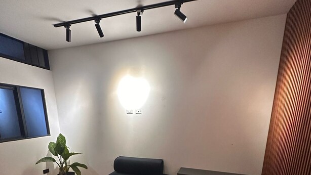 Een moderne woonkamer met een houten vloer, zwarte banken, een bijzettafeltje en een plant in pot.