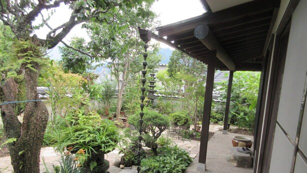 A covered outdoor area with stone flooring, various potted plants, and a pergola structure. - Kashibesso Sakuraso (Beppu)