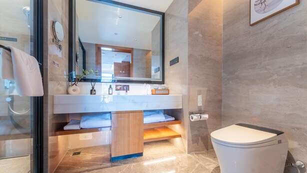 A modern bathroom with a large mirror, a white toilet, and a vanity with a sink and towel rack. - Grand Madison Hotel Quzhou High-speed Railway Sta (Quzhou)
