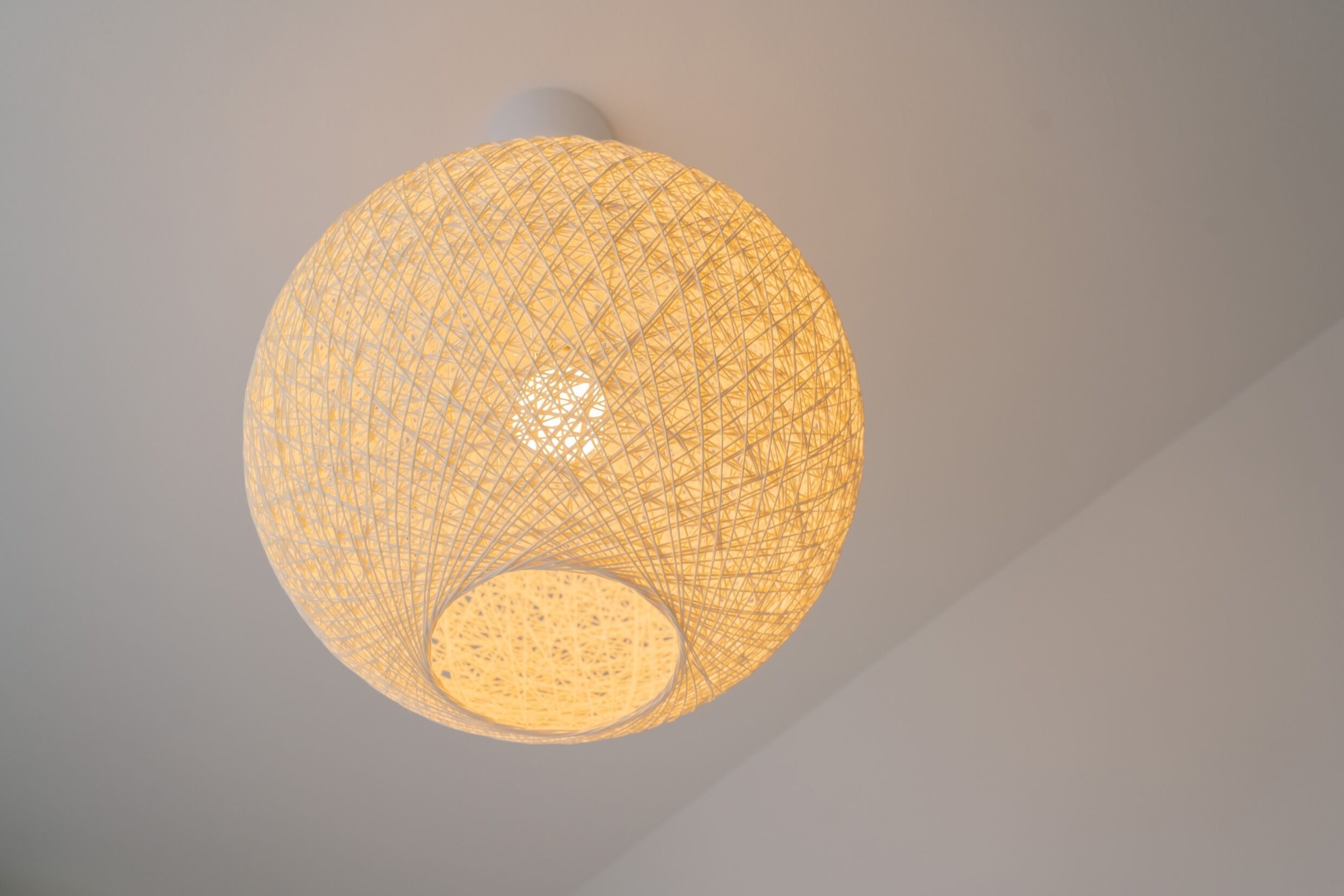 A spherical, woven light fixture with a central circular pattern.