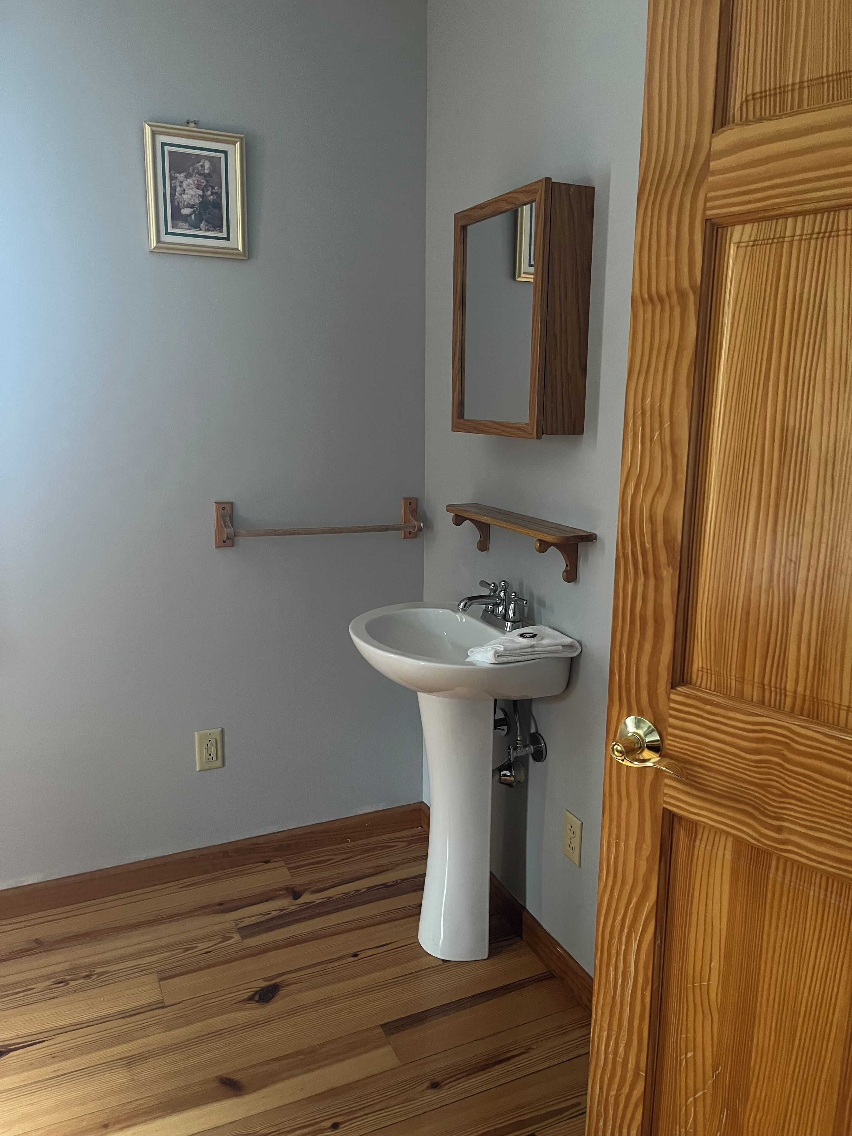 A bathroom with a white sink, wooden floor, a wooden door, a small mirror, and a picture on the wall.