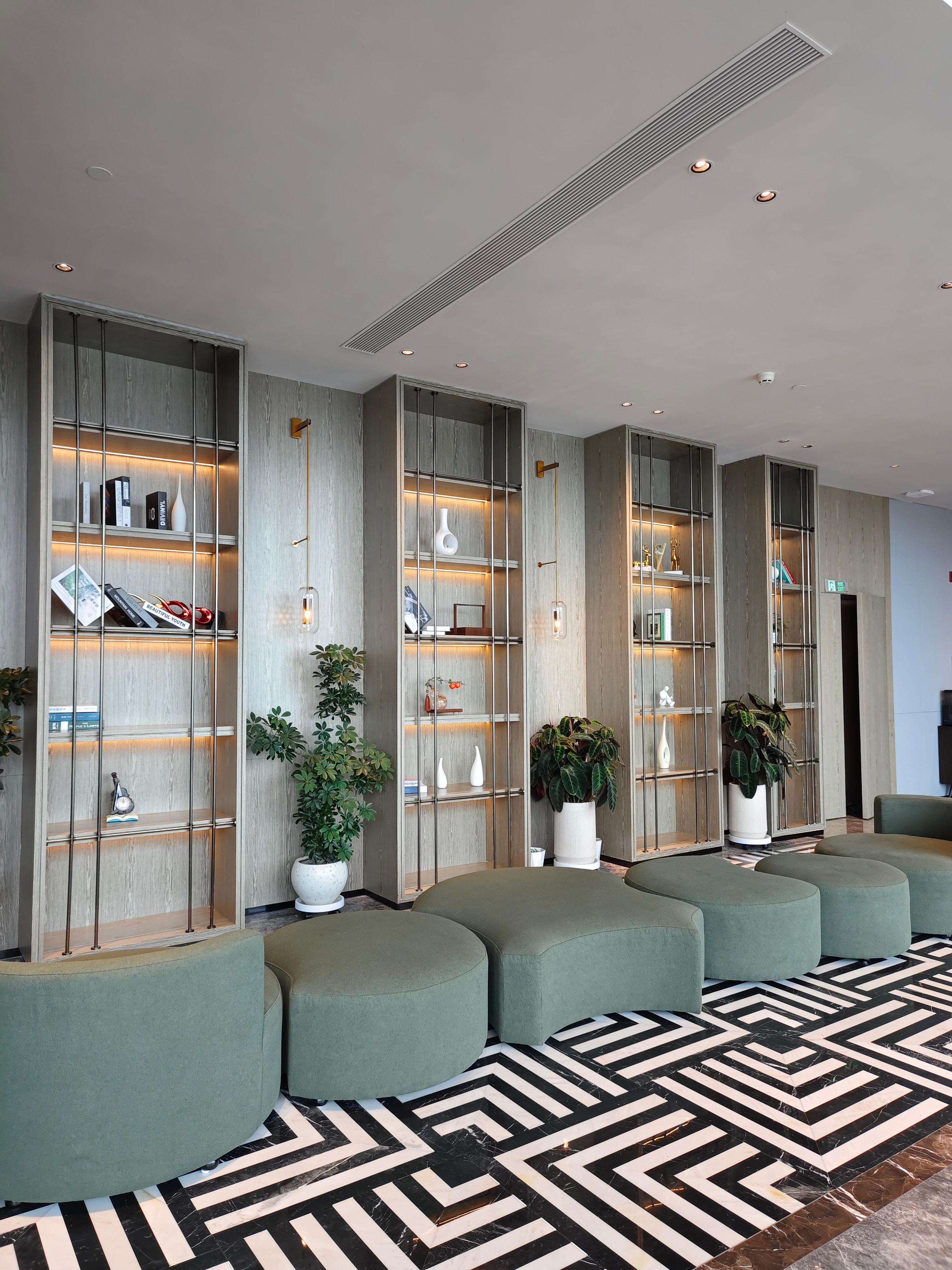 Un vestíbulo moderno con un área de estar central, estanterías empotradas y objetos decorativos, y un suelo con diseño.