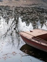 Un bote amarrado en aguas tranquilas con reflejos de árboles en la superficie.