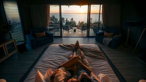 Un dormitorio con una cama grande, dos sillas, una mesita y vista al mar.