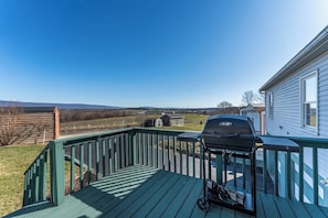 Une terrasse avec un barbecue, une maison en arrière-plan et un ciel dégagé.