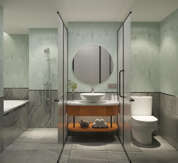 A modern bathroom with a glass-enclosed shower, a marble sink, and a toilet. - Solaria Tesori Hotel (Hanoi)