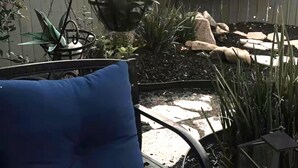 A patio with a blue cushion, potted plants, a wooden bench, and a stone pathway. - Relax in Clovis and Enjoy The Stay (Clovis)