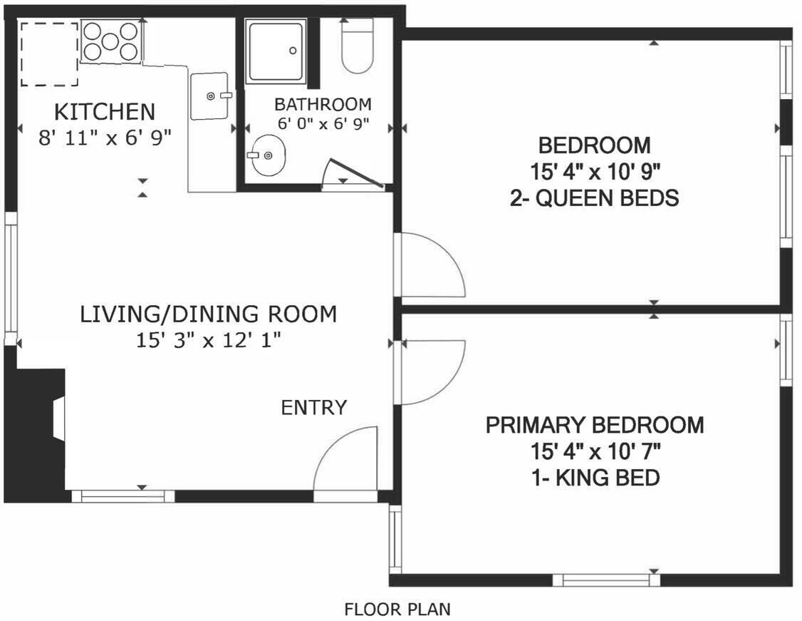 Plano de planta que muestra una cocina, baño, sala de estar/comedor, entrada, habitación con dos camas tamaño queen y una habitación principal con cama king.