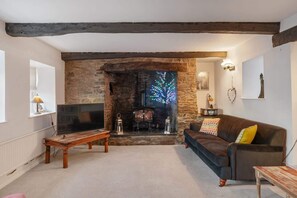 TV, fireplace, books, offices