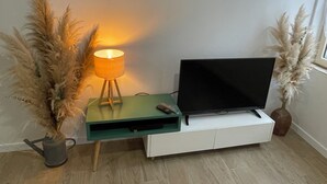 Ein Fernseher auf einem grünen Standfuß mit Fernbedienung, eine Lampe und zwei hohe Pflanzen.