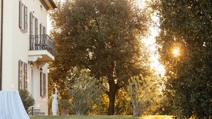 A building with a balcony, a statue, and a lawn. - Tuscany Garden Inn (Castel San Pietro Terme)