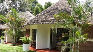 Un bungalow doté d’un toit de chaume, entouré d’une végétation luxuriante et de palmiers.
