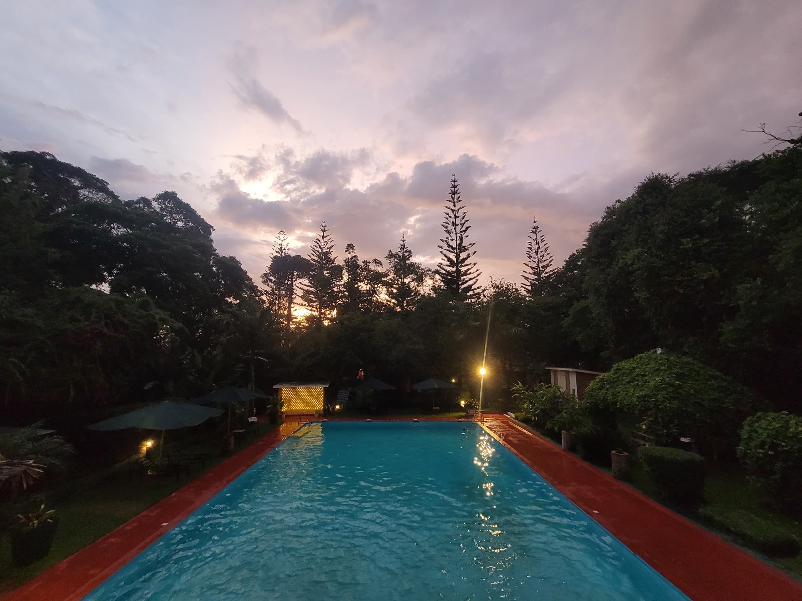 A swimming pool with a red border, surrounded by trees and a sunset in the background.