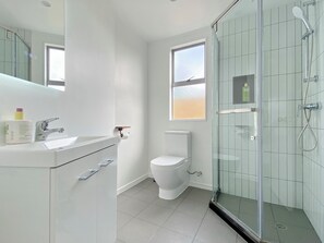 Shower, hair dryer, towels, soap