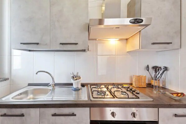 Fridge, oven, stovetop, cookware/dishes/utensils