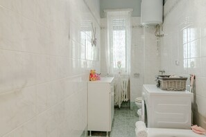 Hair dryer, bidet, towels, toilet paper