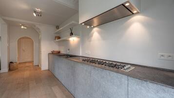 Een microgolfoven, een kookplaat, een vaatwasser