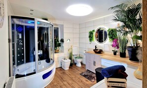 Haartrockner, Handtücher, Shampoo, Toilettenpapier