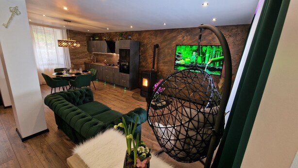 A modern living room with a green sofa, a hanging chair, a dining area with a table and chairs, and a kitchen with a stove. - Ferienhaus Mefady Jünkerath (Jünkerath)