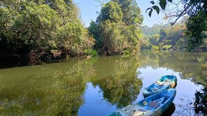 A calm river with a blue canoe docked on the bank, surrounded by lush greenery. - Jungle Mount Adventures (Madikeri)
