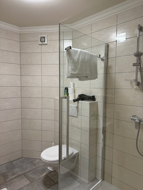 A modern bathroom with a glass-enclosed shower, a toilet, and a towel rack. - Hotel Goldenes Kreuz (Vipiteno)