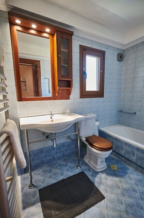 Hair dryer, towels, soap, toilet paper