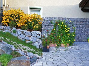 Un jardín con flores amarillas, un muro de piedra y una cerca de metal.