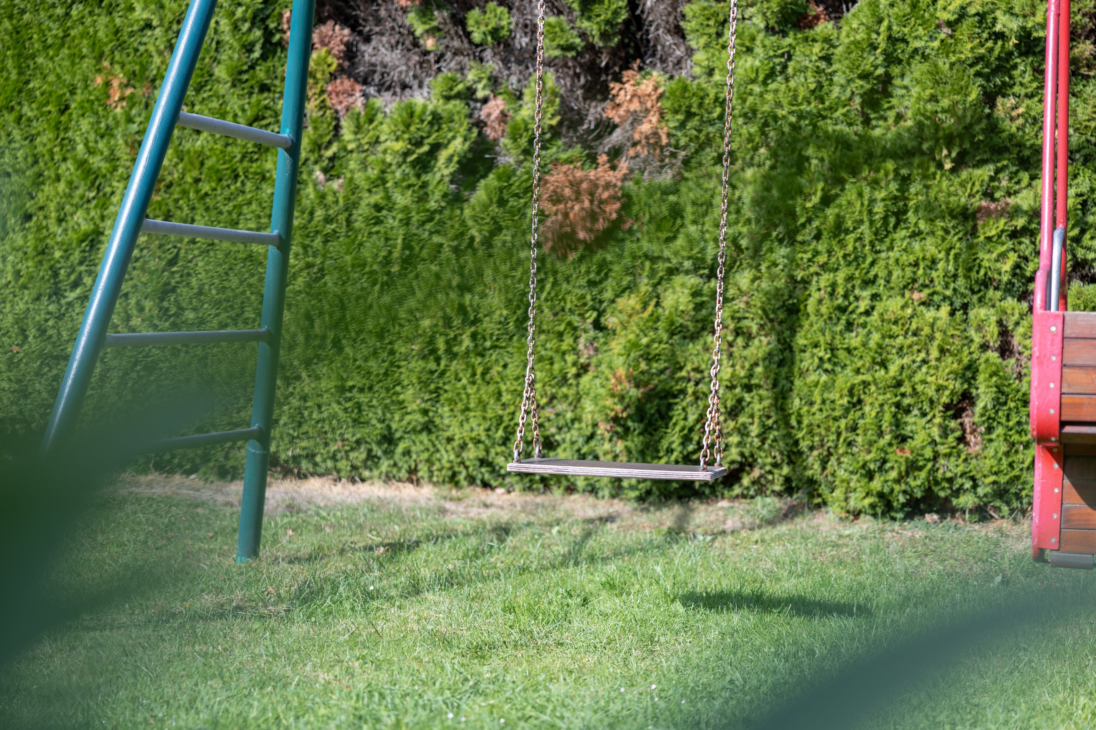 Un ginclet amb una escala metàl·lica, un balanceig i una tanca de fullatge al fons.