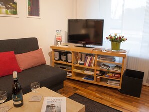 Un salon comprenant un canapé, une table basse avec une bouteille et des verres, une bibliothèque, un téléviseur et une fenêtre avec des stores.
