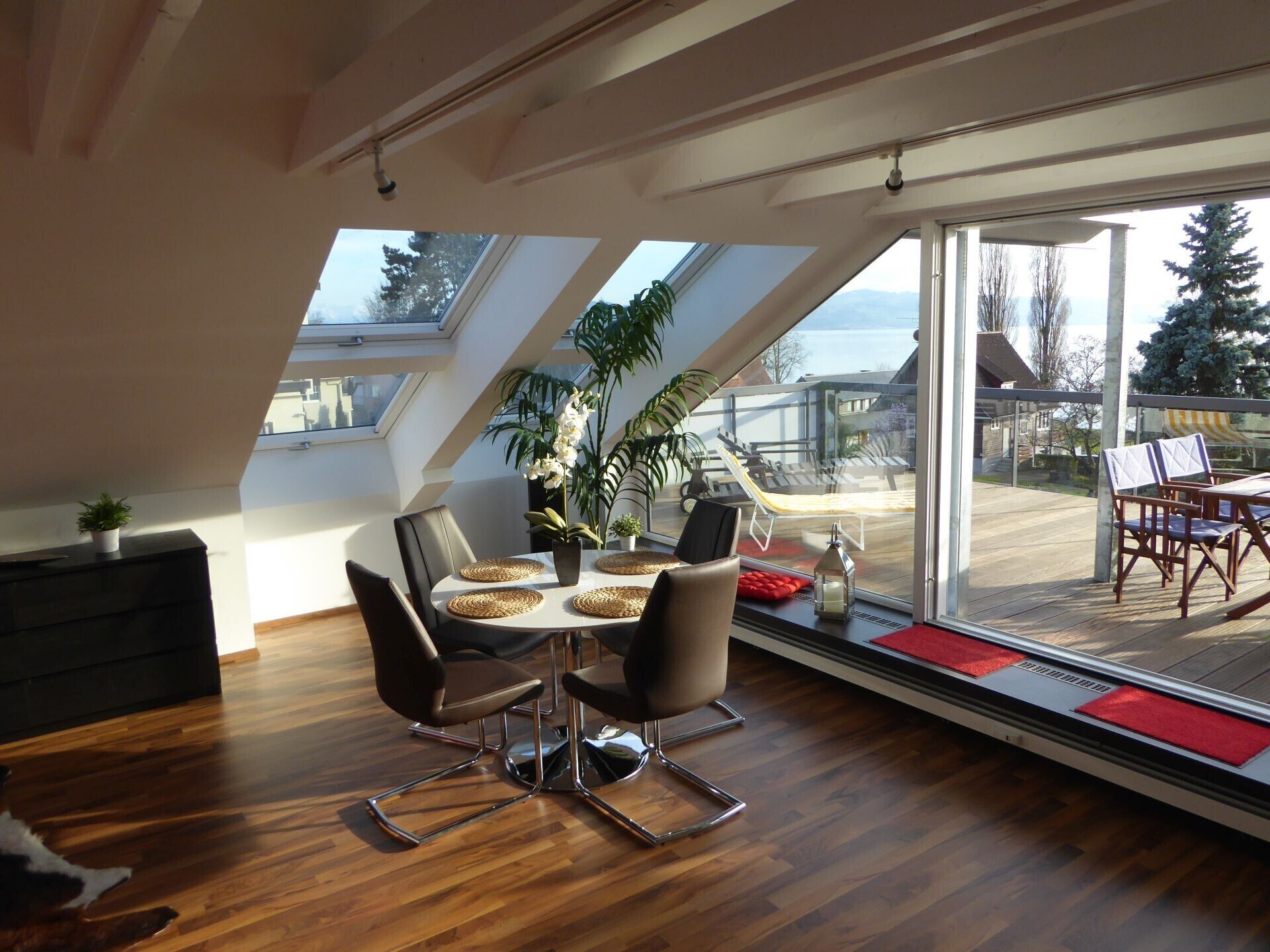 A dining area with a table set for four, a potted plant, and a view of the outdoors through large windows.