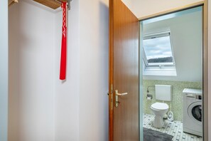 Chuveiro, secador de cabelo, toalhas de banho 