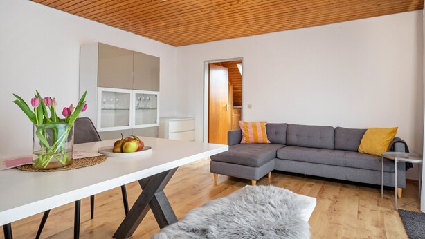 Een moderne woonkamer met een houten plafond, een grijze bank, een witte eettafel en een zacht, grijs vloerkleed.