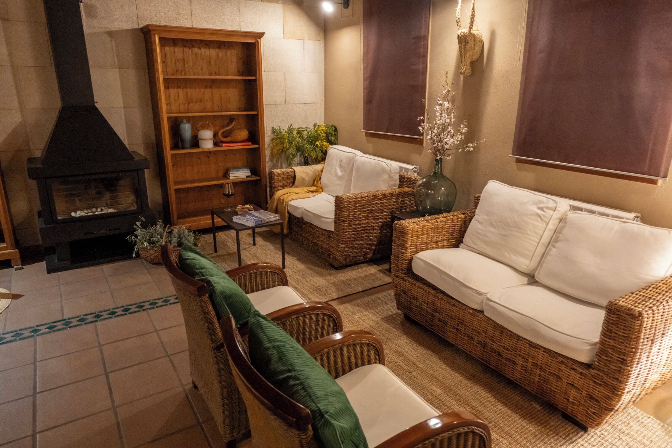 Un salon chaleureux avec une cheminée, des meubles en osier et une bibliothèque.