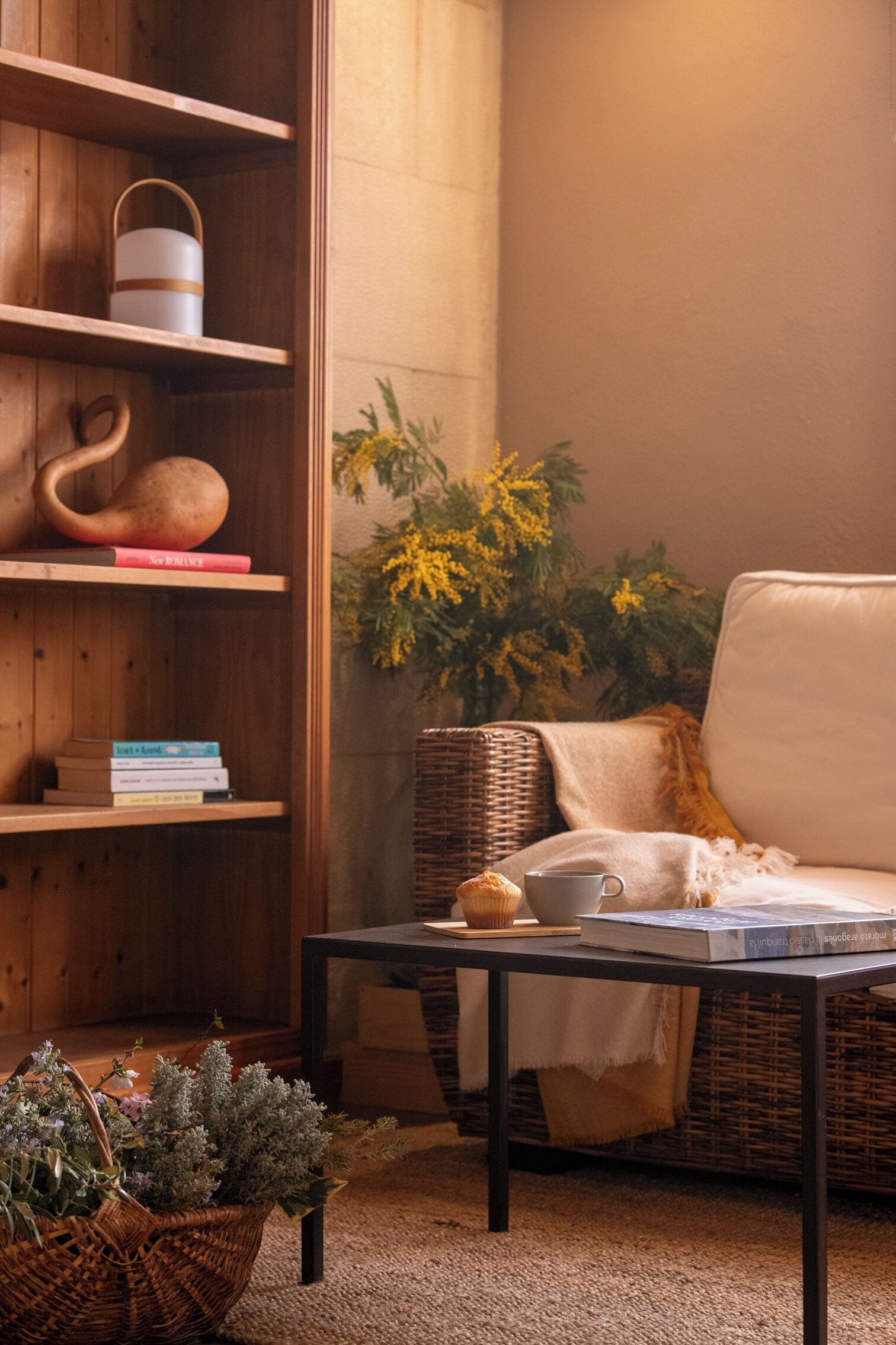 Una sala de estar acogedora con un sofá de mimbre, una estantería de madera, una mesa de centro y un cesto de flores.