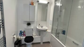 Hair dryer, towels, soap, toilet paper