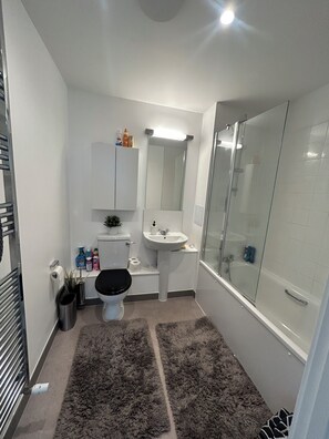 Hair dryer, towels, soap, toilet paper
