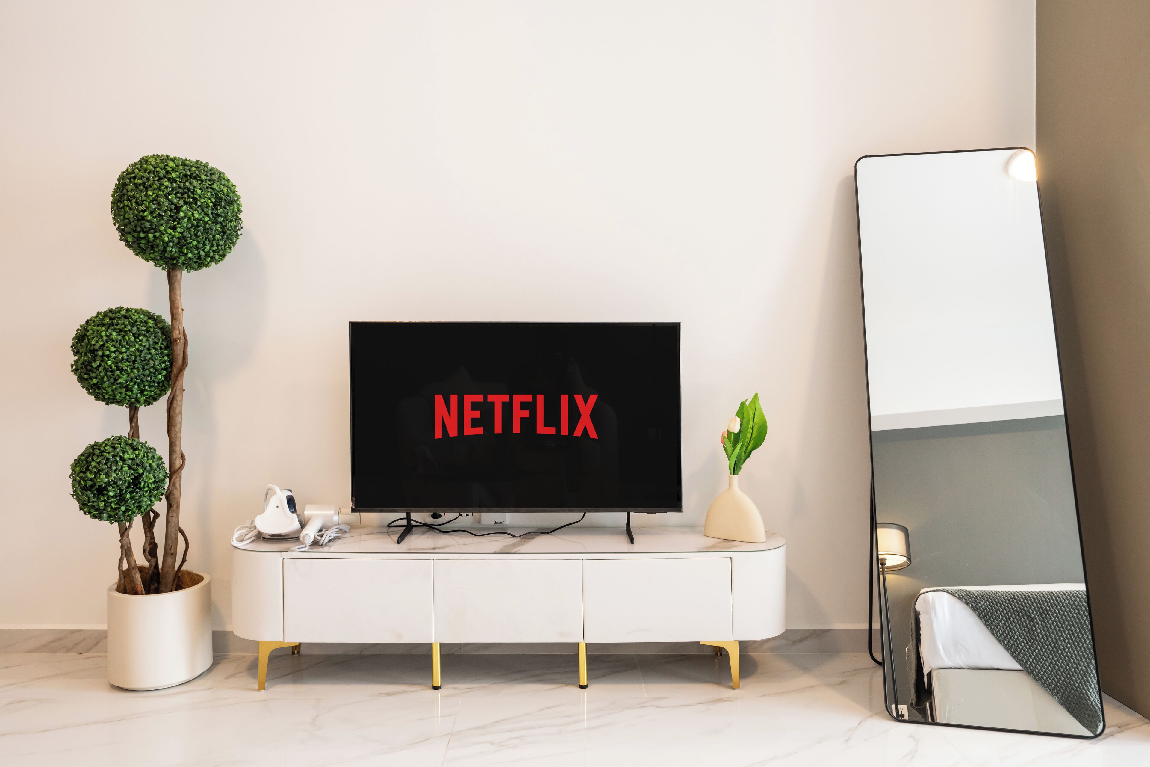 Una sala moderna con un televisor de pantalla plana mostrando 'NETFLIX', una consola blanca con una planta en maceta, un altavoz blanco pequeño y un espejo grande.