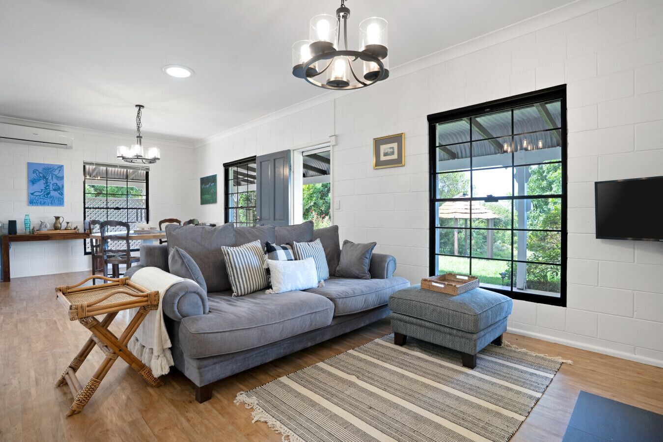 Smart TV, fireplace, books