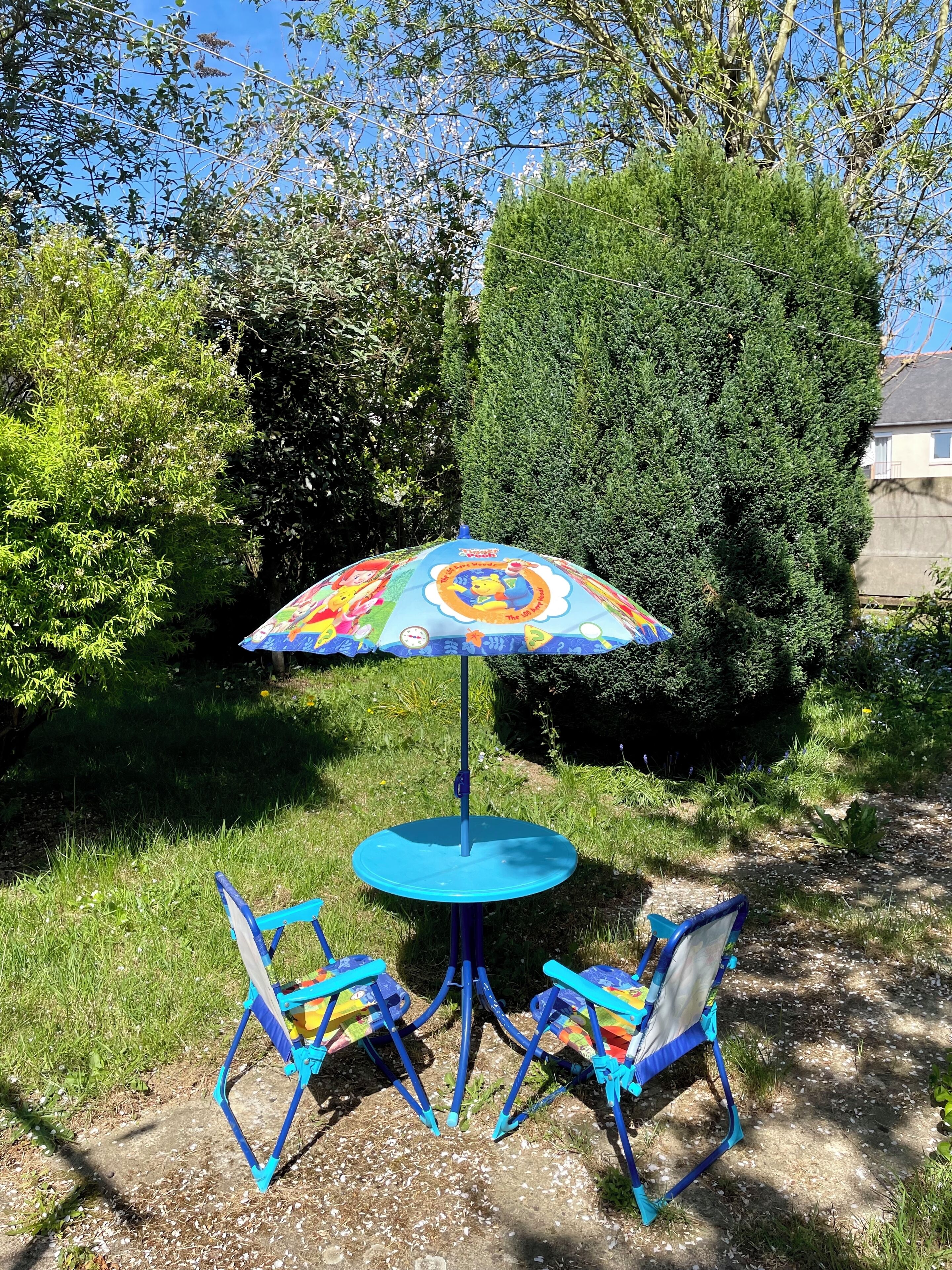 A round table with a colorful umbrella, two blue chairs, and a hedge in the background.