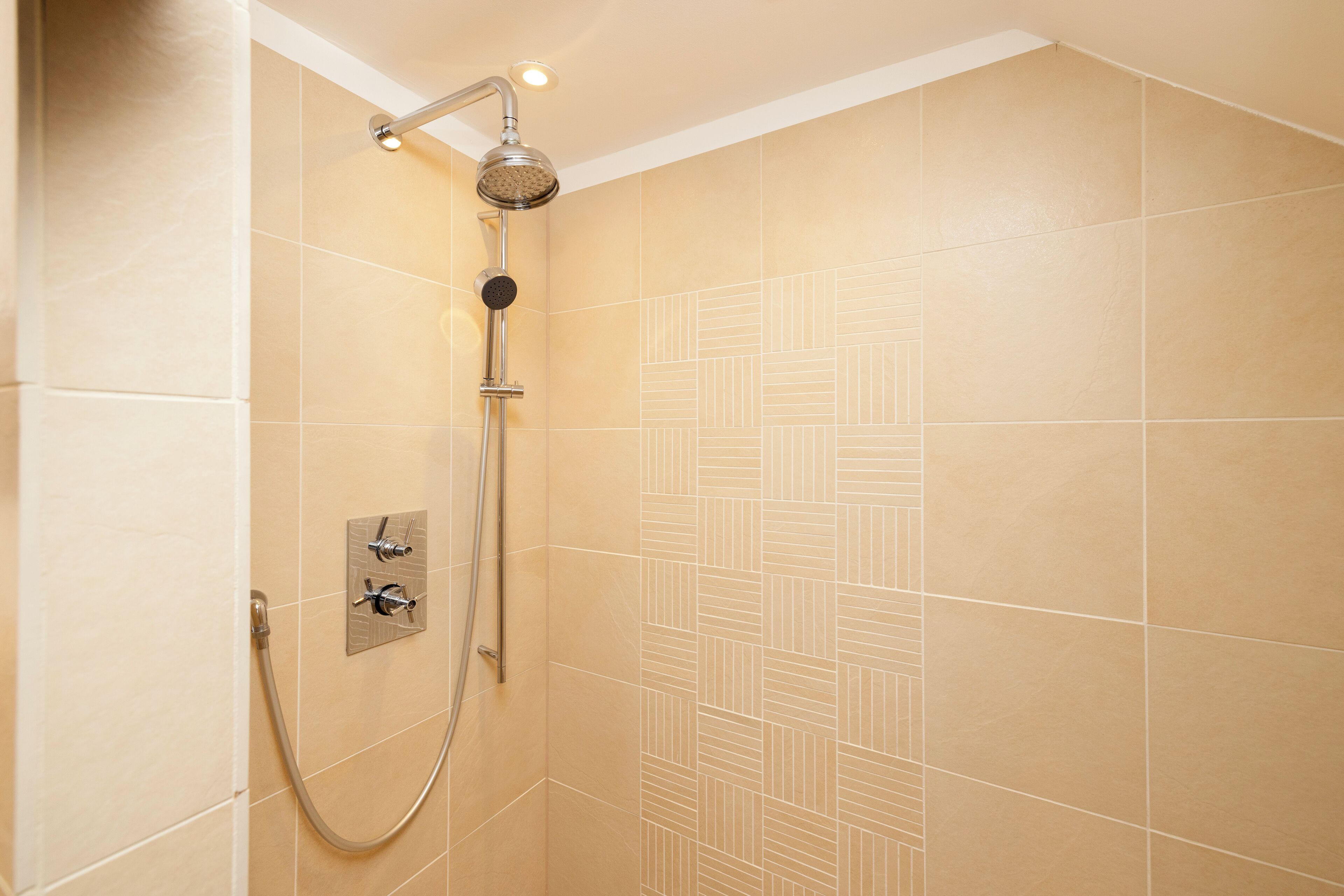 A shower with a handheld showerhead and a wall-mounted control panel.