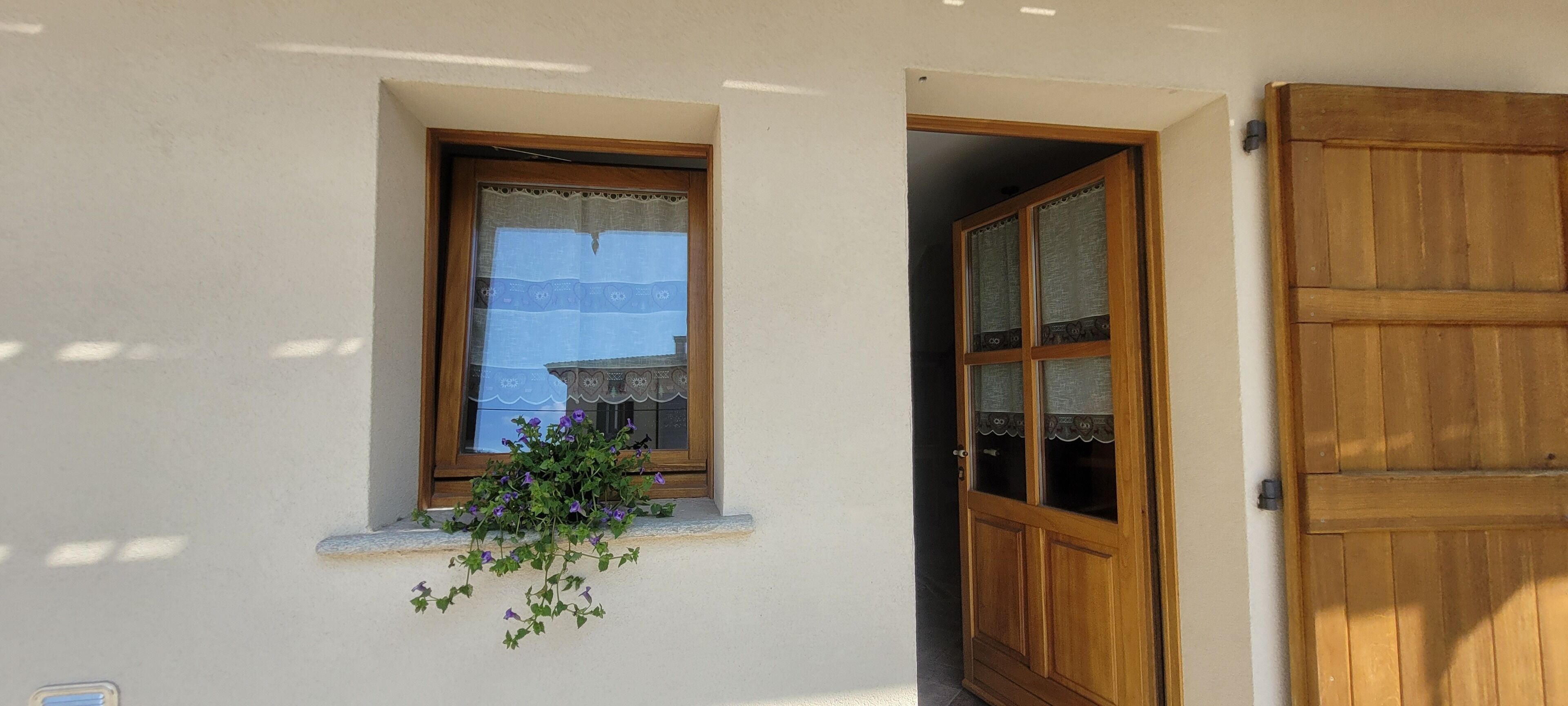 Ein Gebäudeeingang mit einer Holztür, einem Fenster mit Vorhang und einer kleinen Pflanze.