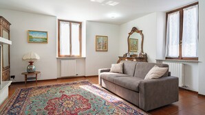 Un salon avec un canapé gris, un tapis à motifs et deux fenêtres avec des rideaux.