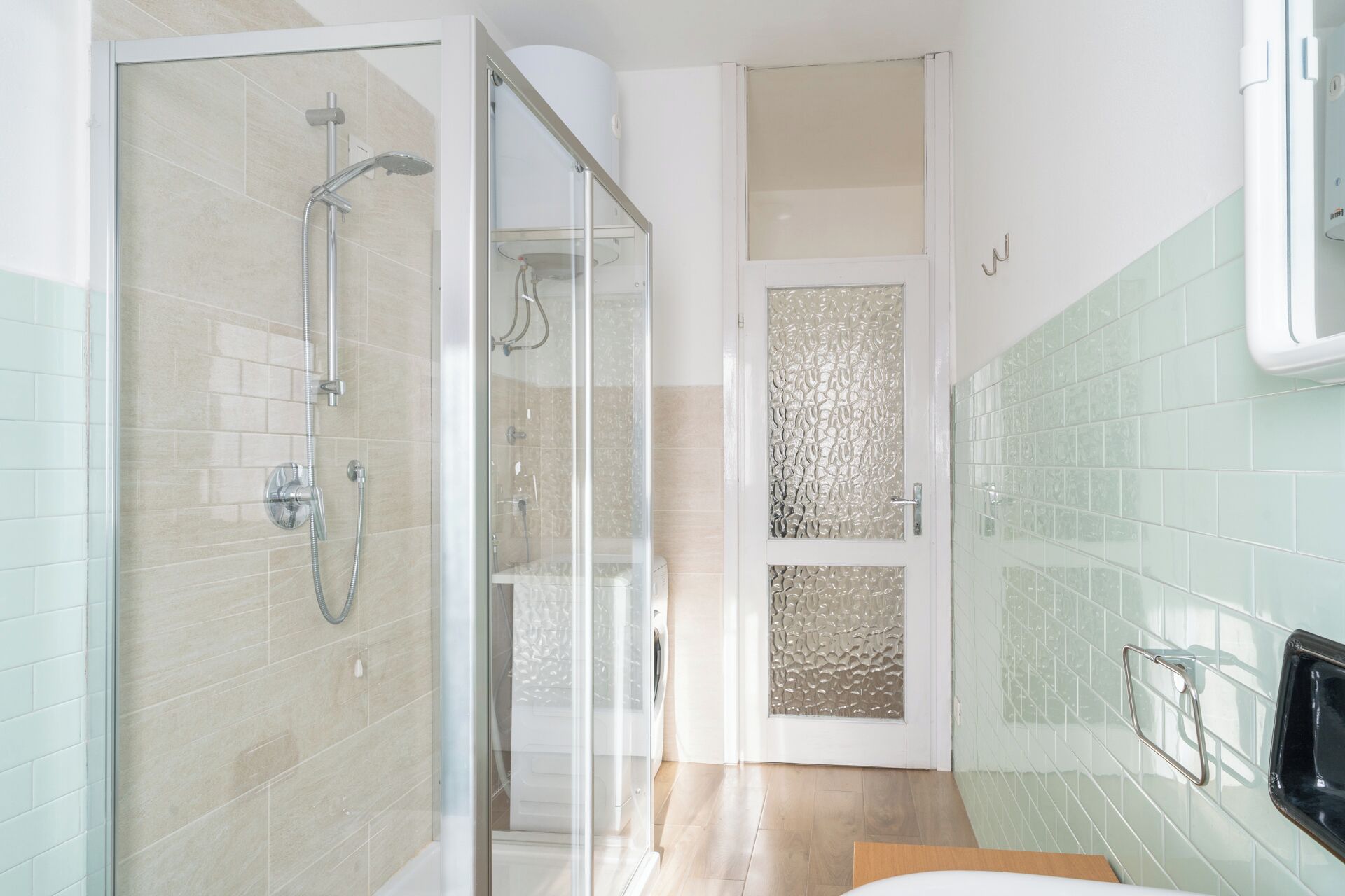 Shower, hair dryer, bidet, towels