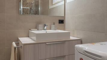 Shower, hair dryer, bidet, towels