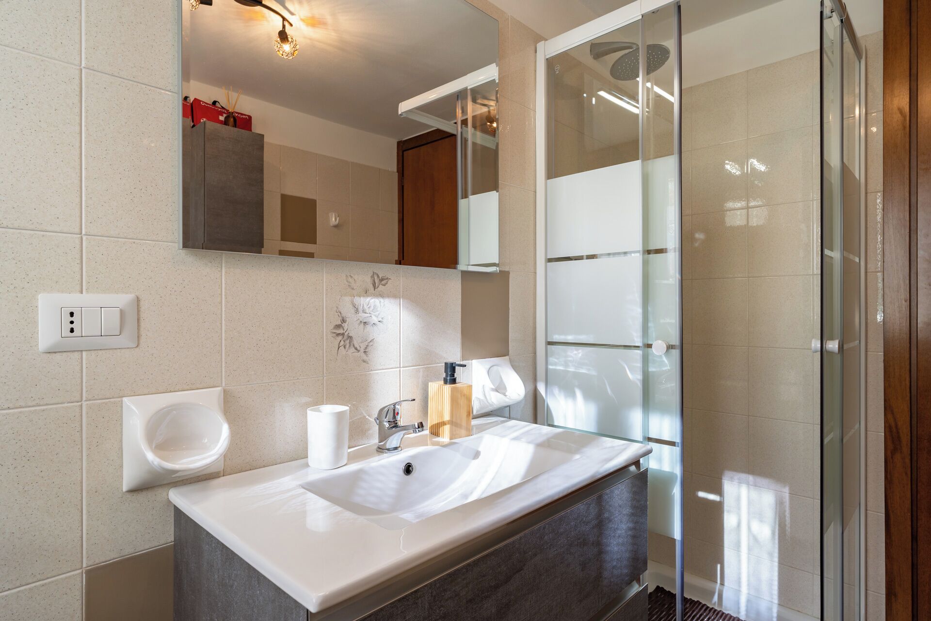 Shower, hair dryer, bidet, towels