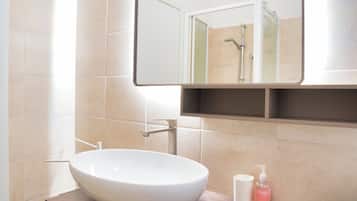 Shower, hair dryer, bidet, towels